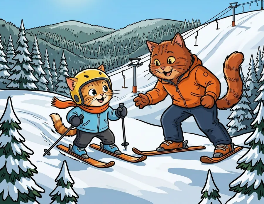 Kotě se učí lyžovat s kocourem instruktorem na svahu Alpalouky